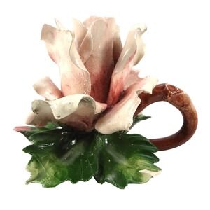 Nuova Capodimonte Porcelain Pink Rose Flower‎ Candle Holder Hand Painted Italy